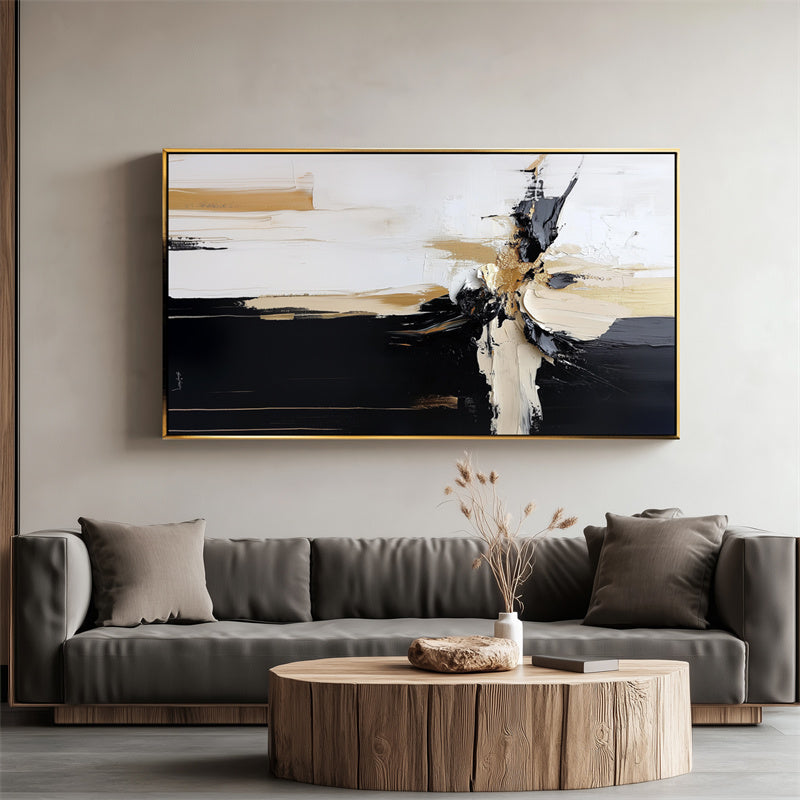 Divergent Flow: Thick Texture Abstract Artwork - Black, White & Gold for Living Room Wall
