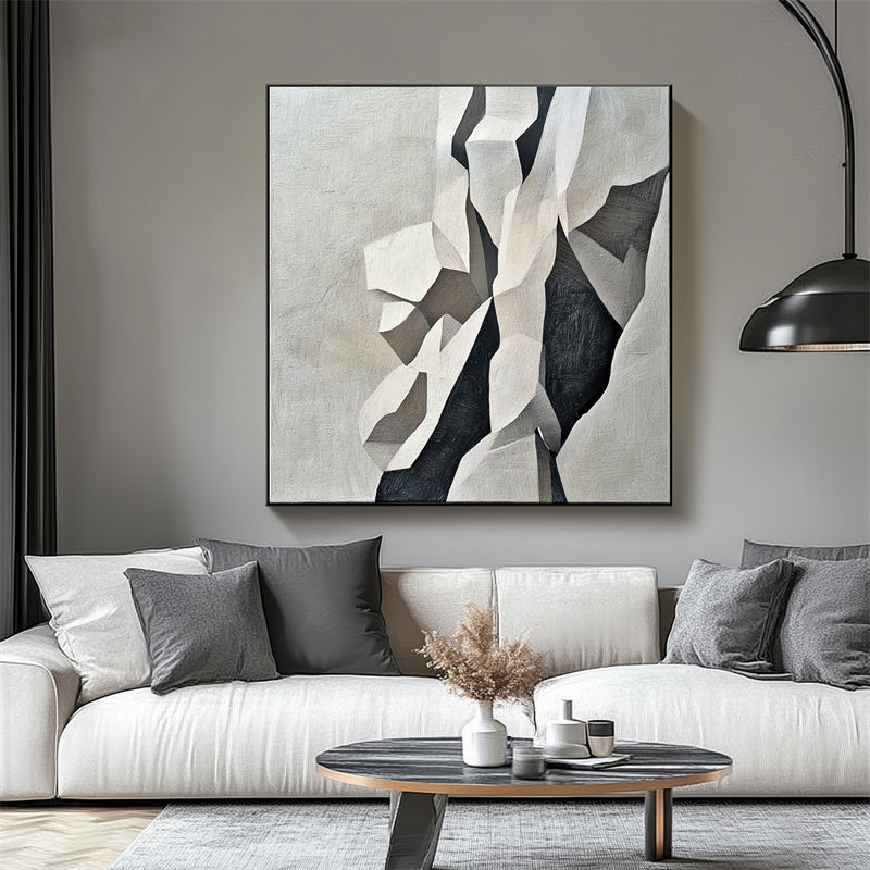 Geometric Grace: Geometric Abstract Wall Art in Black, White & Grey - Textured Minimalist Decor for Modern Interiors