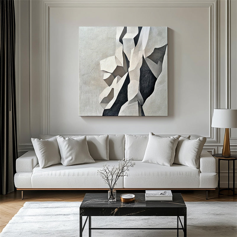 Geometric Grace: Geometric Abstract Wall Art in Black, White & Grey - Textured Minimalist Decor for Modern Interiors