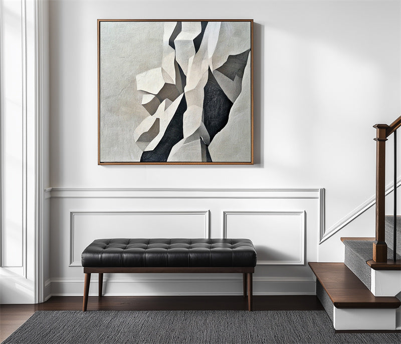 Geometric Grace: Geometric Abstract Wall Art in Black, White & Grey - Textured Minimalist Decor for Modern Interiors