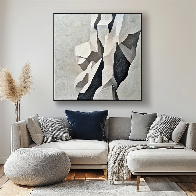 Geometric Grace: Geometric Abstract Wall Art in Black, White & Grey - Textured Minimalist Decor for Modern Interiors