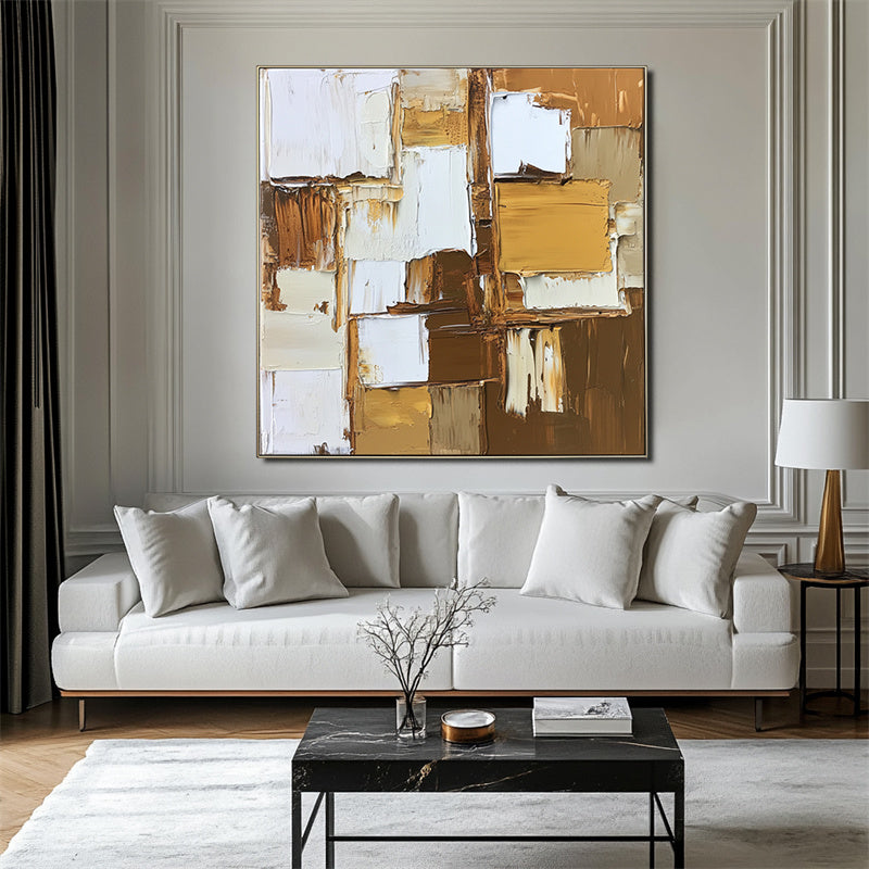 Textured Abstract Oil Painting with Brown, White & Neutral Tones - Modern Wall Art, Stylish Decor for Contemporary Interiors