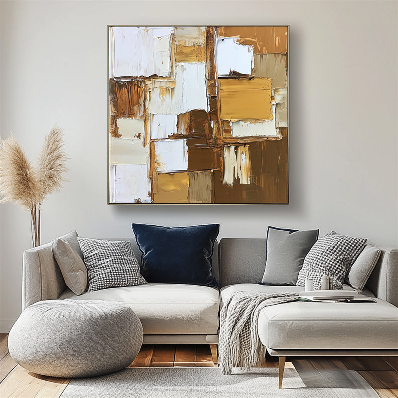 Textured Abstract Oil Painting with Brown, White & Neutral Tones - Modern Wall Art, Stylish Decor for Contemporary Interiors