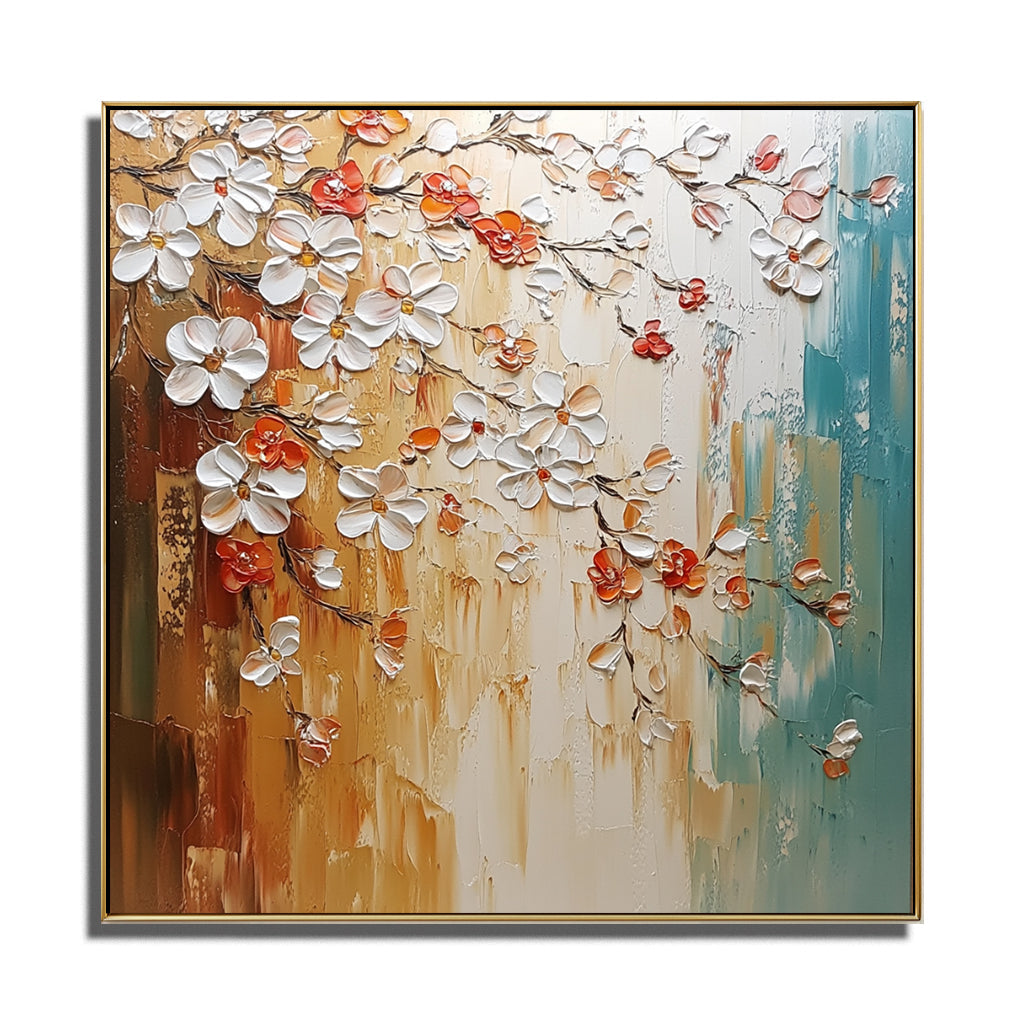Golden Bloom - Hand-painted Textured Floral Oil Painting for Modern Decor