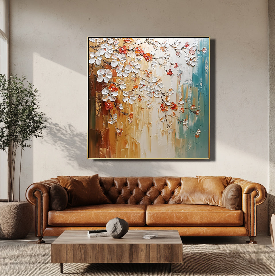 Golden Bloom - Hand-painted Textured Floral Oil Painting for Modern Decor