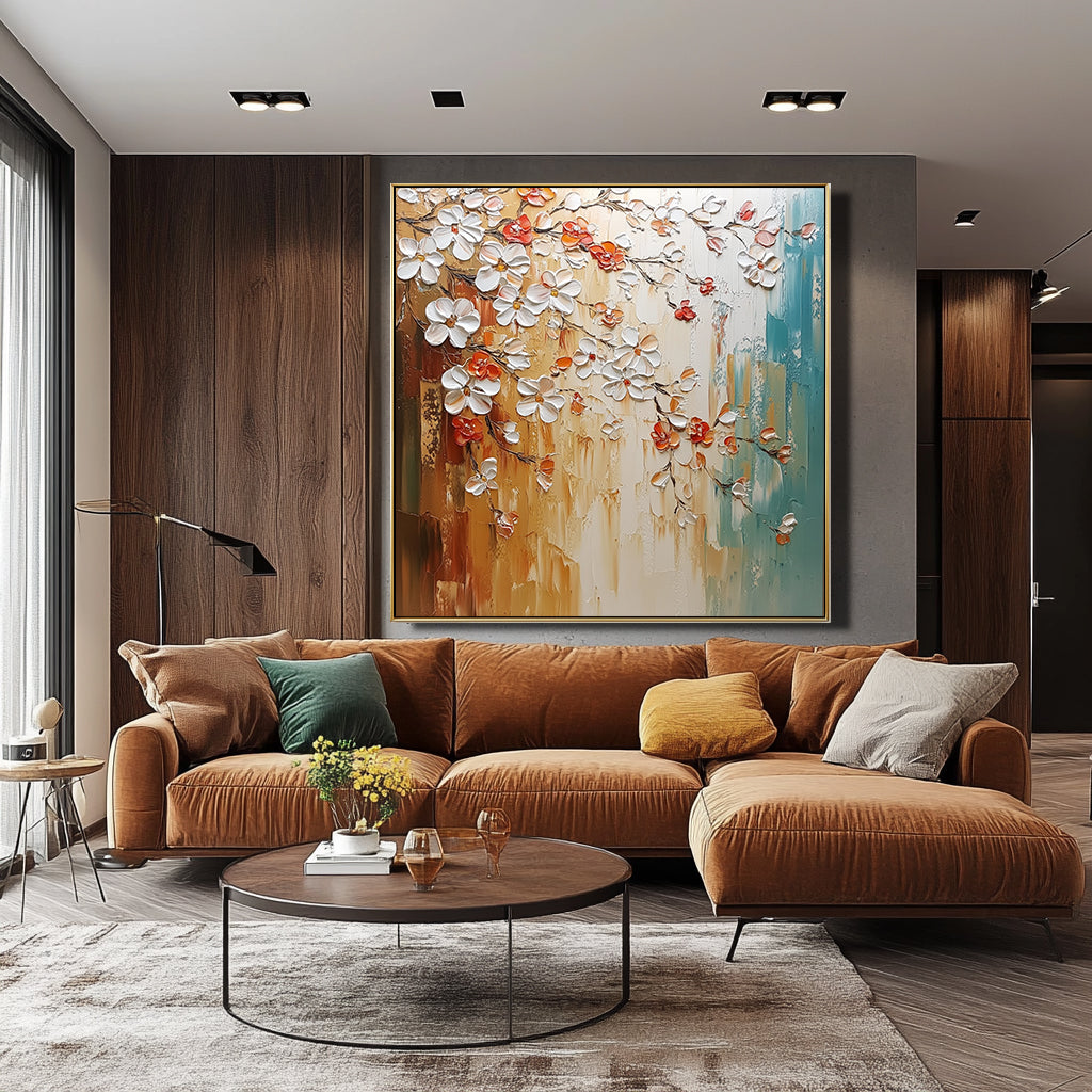 Golden Bloom - Hand-painted Textured Floral Oil Painting for Modern Decor