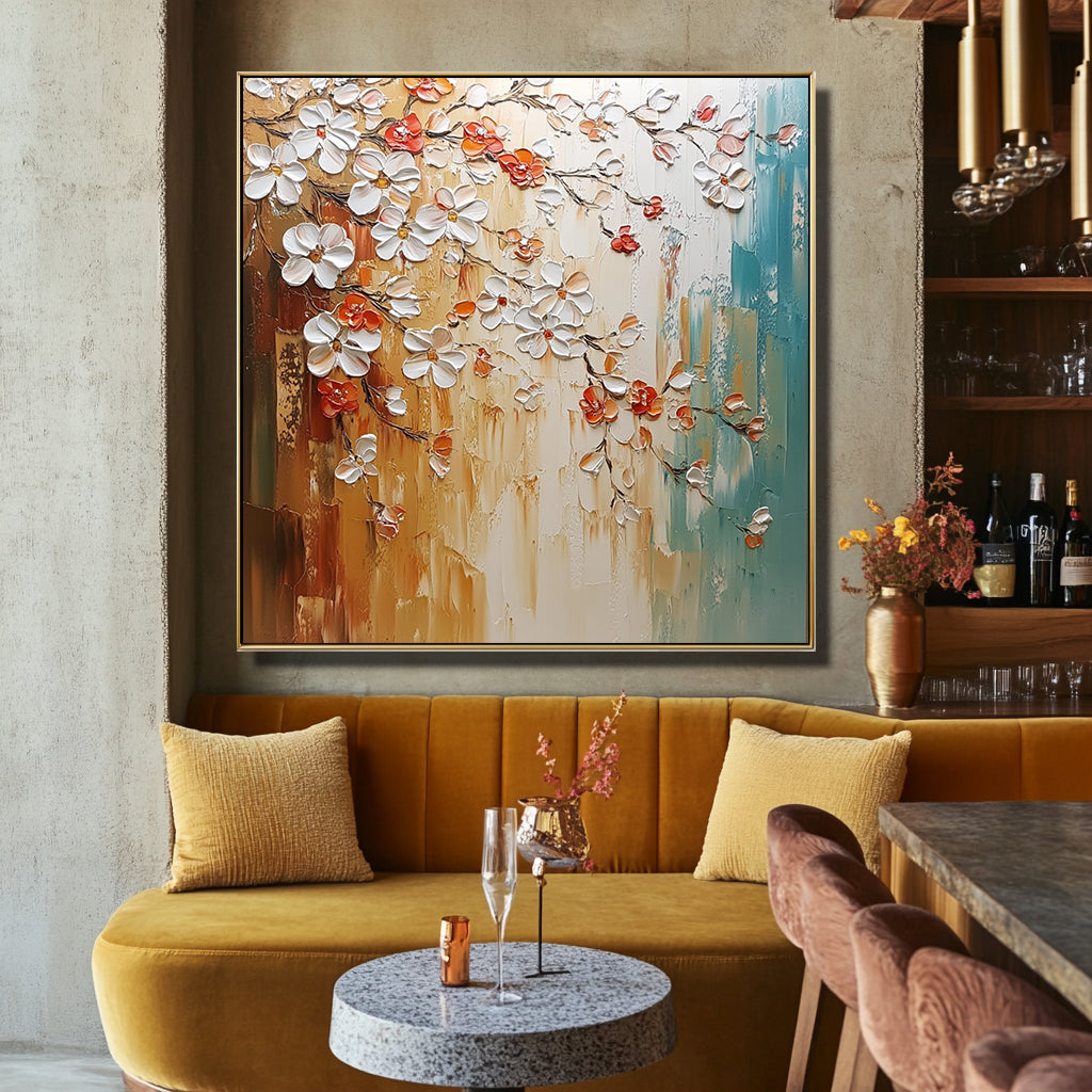 Golden Bloom - Hand-painted Textured Floral Oil Painting for Modern Decor