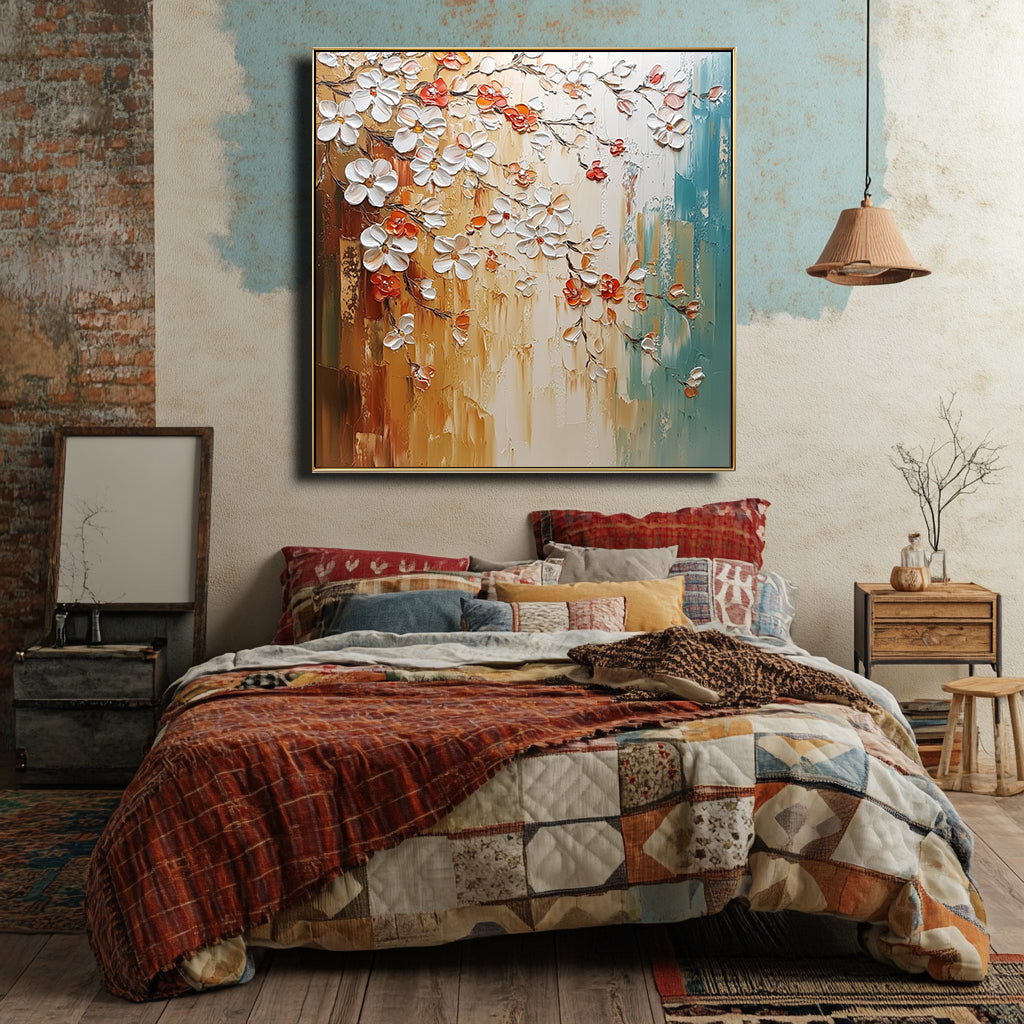 Golden Bloom - Hand-painted Textured Floral Oil Painting for Modern Decor