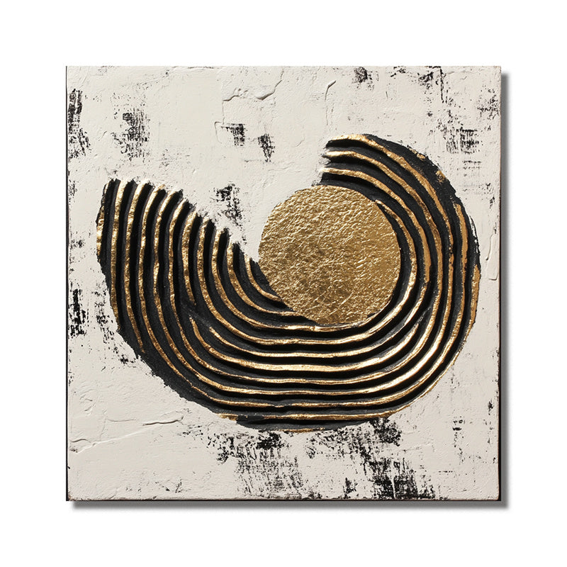 Textured Abstract Gold Circular Oil Painting - Geometric Black White Wall Art, Luxury Minimalist Decor for Modern Home