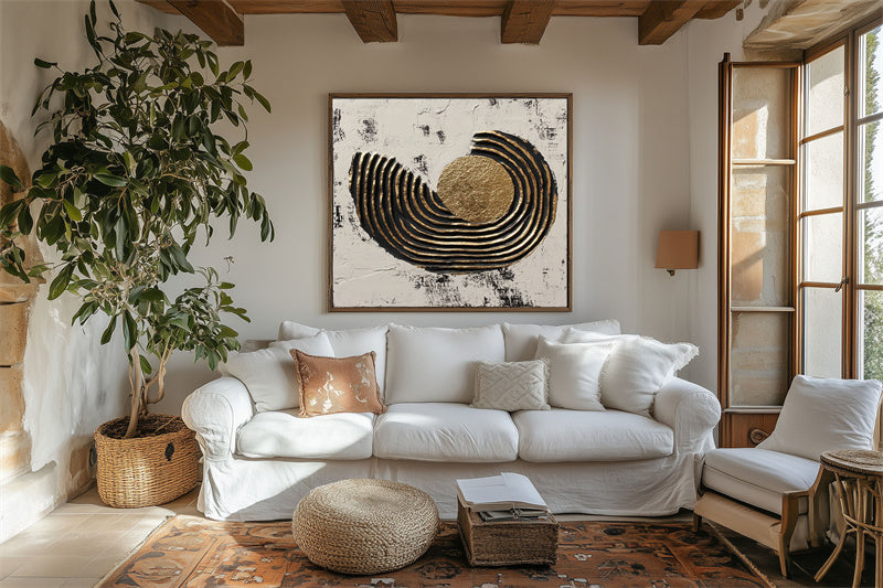 Golden Eclipse: Textured Abstract Gold Circular Oil Painting - Geometric Black White Wall Art, Luxury Minimalist Decor for Modern Home