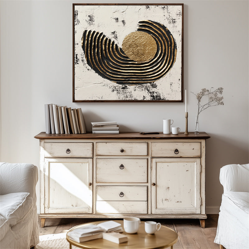 Golden Eclipse: Textured Abstract Gold Circular Oil Painting - Geometric Black White Wall Art, Luxury Minimalist Decor for Modern Home