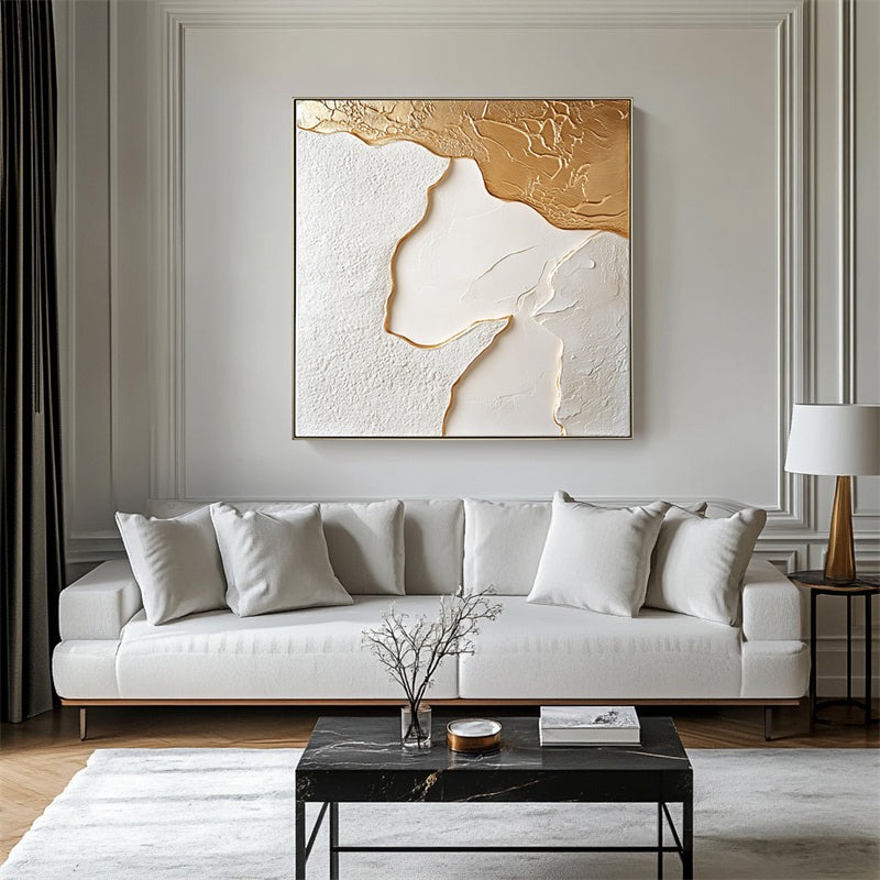 Golden Edge: 3D Textured Abstract Art with Gold and White Tones - Luxe Wall Decor, Modern Elegant Accent for Sophisticated Interiors