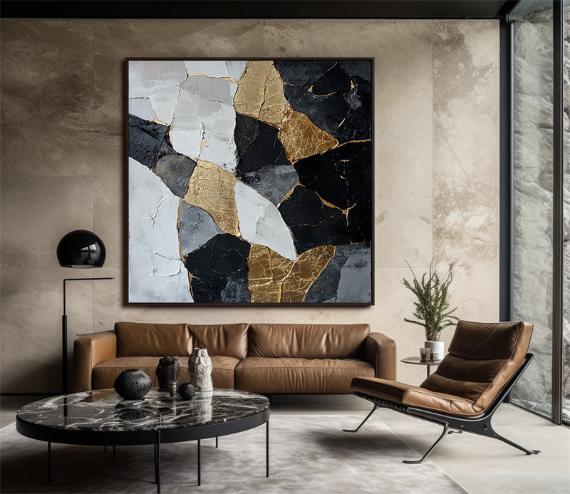Golden Fractures Abstract Art - Textured Modern Oil Painting for Contemporary Wall Decor