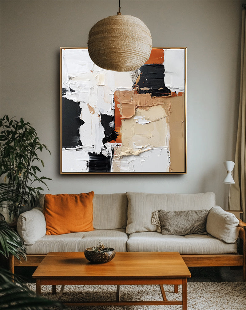 Golden Harmony: Impasto Abstract Oil Painting with Black, Brown & Beige Tones - Textured Wall Art, Luxury Decor for Modern Living Rooms
