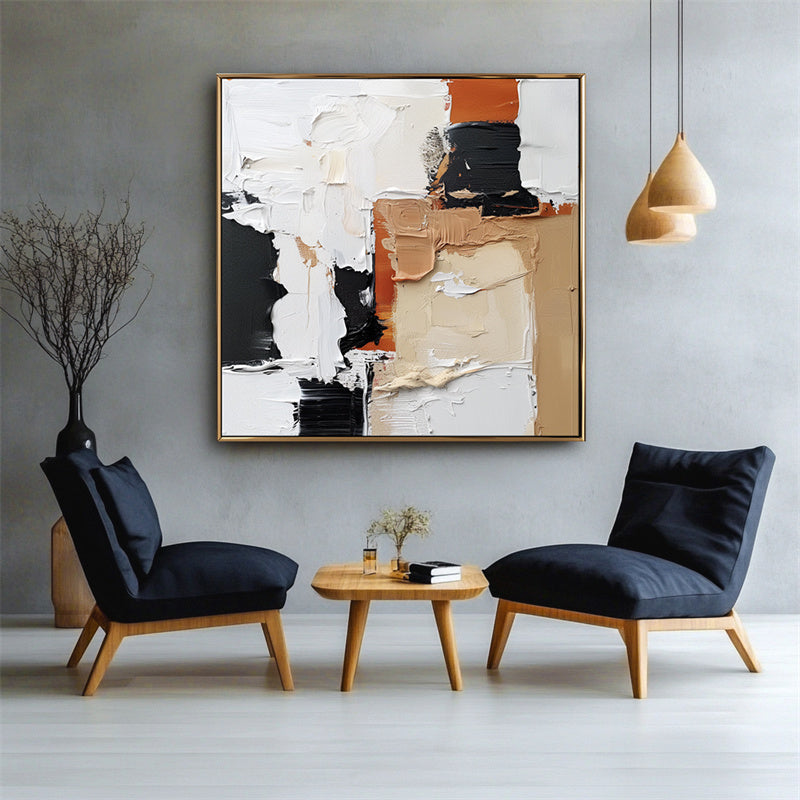 Golden Harmony: Impasto Abstract Oil Painting with Black, Brown & Beige Tones - Textured Wall Art, Luxury Decor for Modern Living Rooms