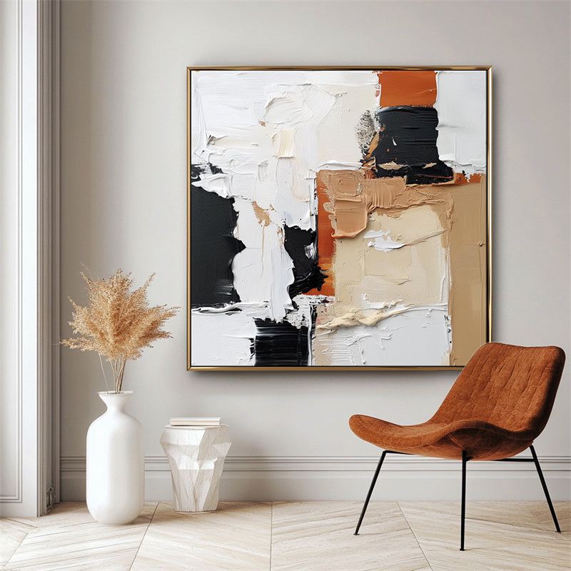 Golden Harmony: Impasto Abstract Oil Painting with Black, Brown & Beige Tones - Textured Wall Art, Luxury Decor for Modern Living Rooms