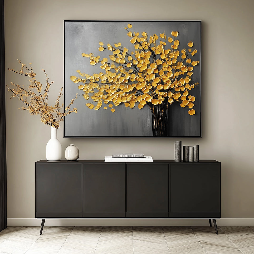 Gold Tree Abstract Oil Painting | Textured 3D Wall Art for Modern & Nature-Inspired Interiors