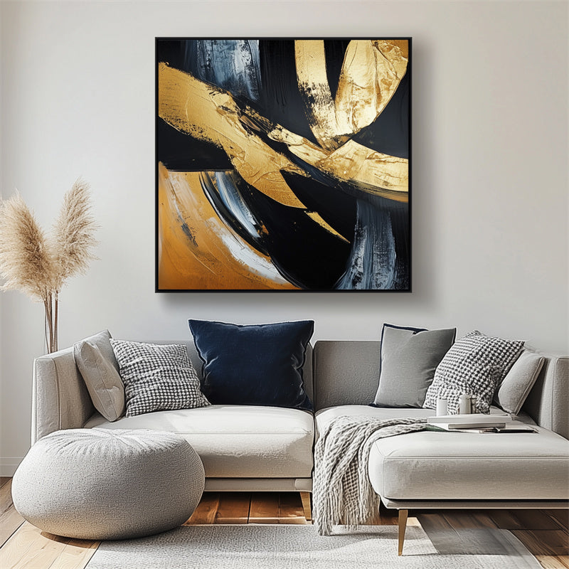 Golden Motion:Textured Gold Brushstroke Abstract Art - Black Gray Modern Wall Decor, Elegant Statement Piece for Home Interiors