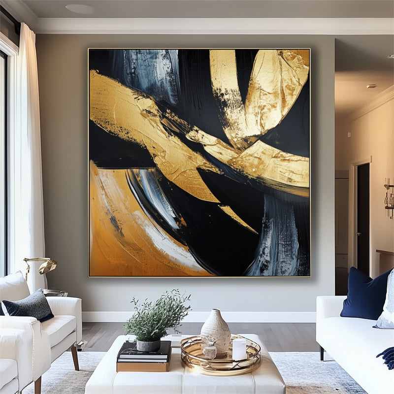 Golden Motion:Textured Gold Brushstroke Abstract Art - Black Gray Modern Wall Decor, Elegant Statement Piece for Home Interiors