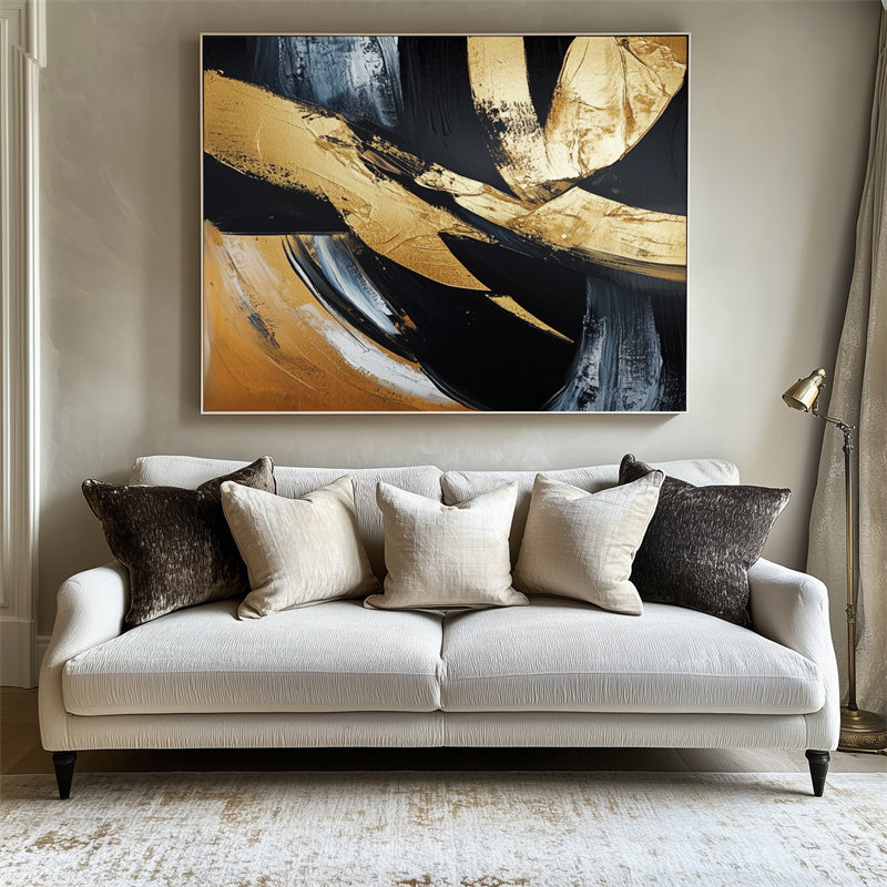 Golden Motion:Textured Gold Brushstroke Abstract Art - Black Gray Modern Wall Decor, Elegant Statement Piece for Home Interiors