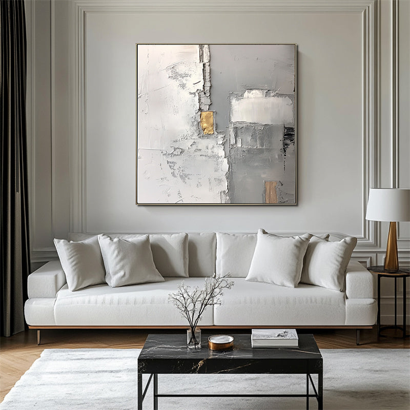 Golden Veil: Minimalist Abstract Wall Art in Grey, White & Gold - Textured Decor, Elegant Accent for Modern Luxury Homes