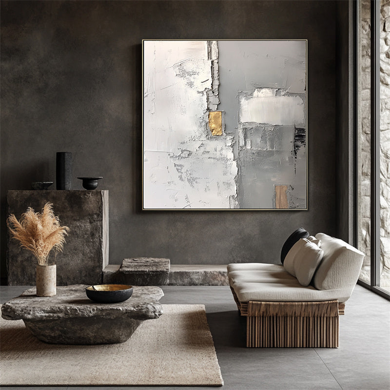 Golden Veil: Minimalist Abstract Wall Art in Grey, White & Gold - Textured Decor, Elegant Accent for Modern Luxury Homes