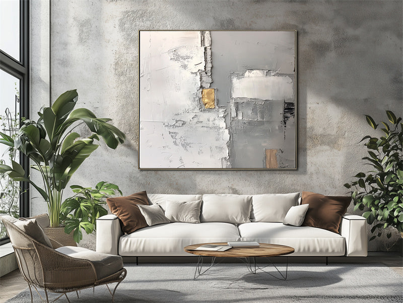 Golden Veil: Minimalist Abstract Wall Art in Grey, White & Gold - Textured Decor, Elegant Accent for Modern Luxury Homes