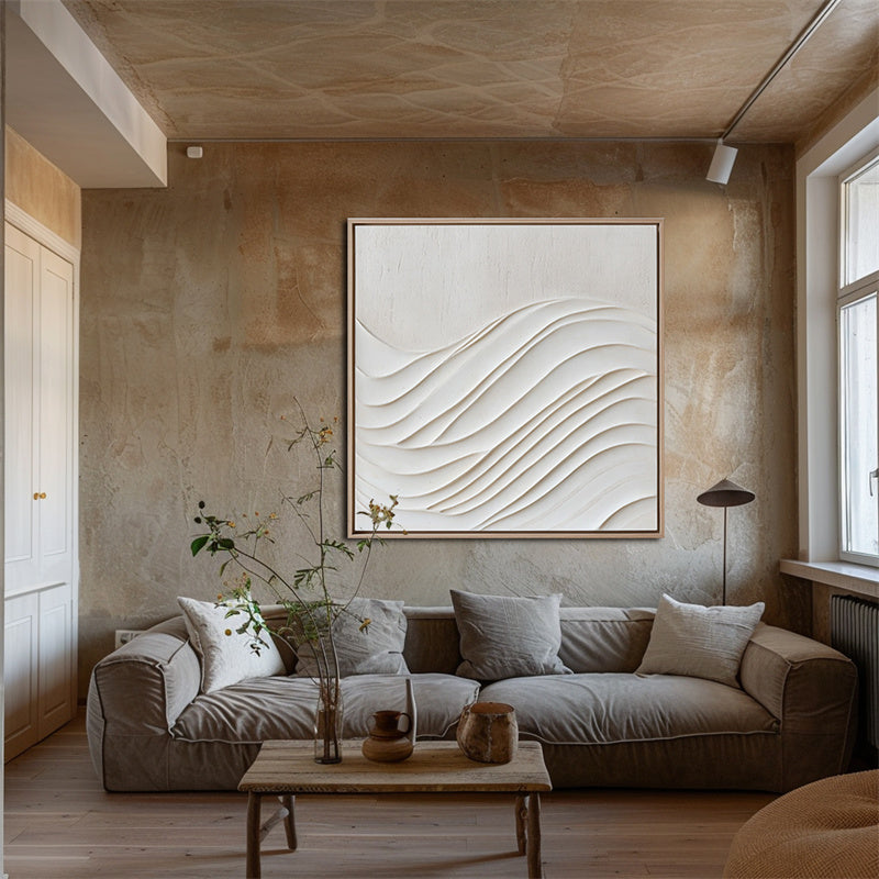Harmonic Waves: Beige Textured Abstract Wave Painting - Minimalist 3D Wall Art, Stylish Decor for Contemporary Homes