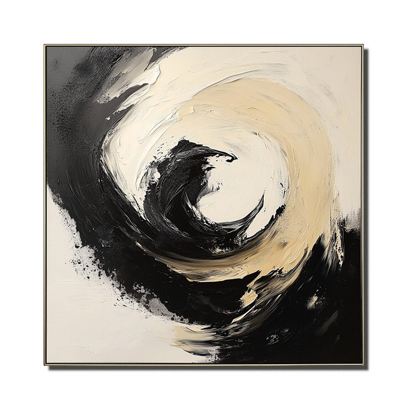 Abstract Swirl Oil Painting in Black, Beige & White Tones - Textured Wall Art, Modern Decor for Contemporary Interiors