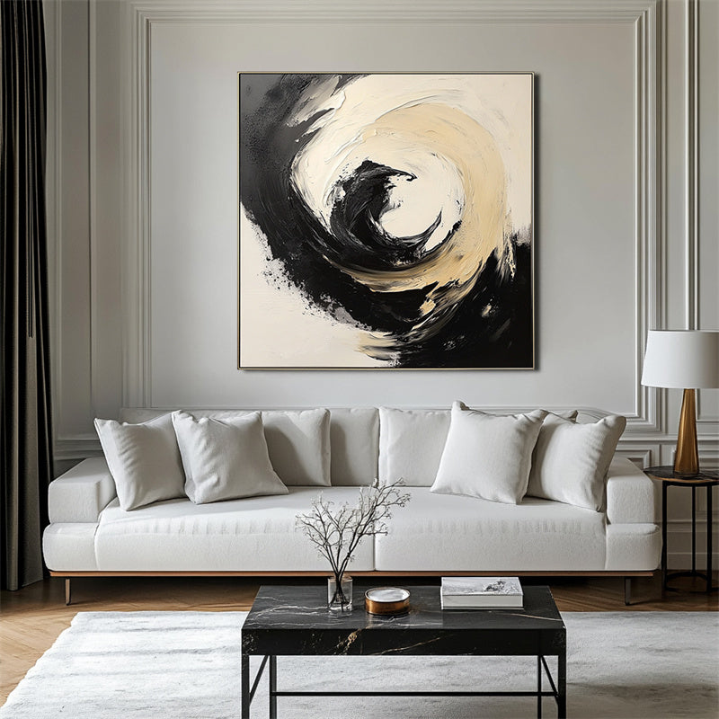 Infinite Swirl: Abstract Swirl Oil Painting in Black, Beige & White Tones - Textured Wall Art, Modern Decor for Contemporary Interiors