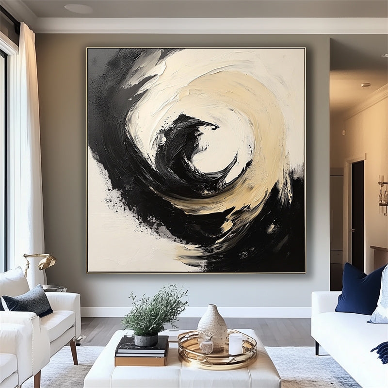 Infinite Swirl: Abstract Swirl Oil Painting in Black, Beige & White Tones - Textured Wall Art, Modern Decor for Contemporary Interiors