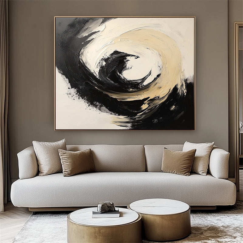 Infinite Swirl: Abstract Swirl Oil Painting in Black, Beige & White Tones - Textured Wall Art, Modern Decor for Contemporary Interiors