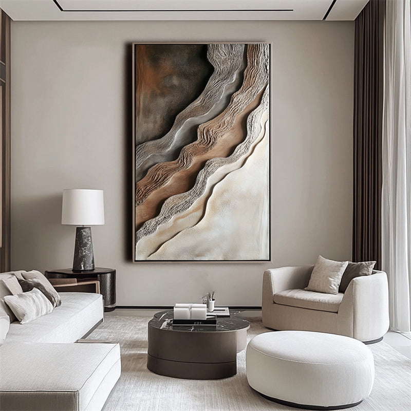 Layered Earth: Impasto Earth-Toned Abstract Wall Art - Brown Grey White Textured Curves, Stylish Accent for Contemporary Homes