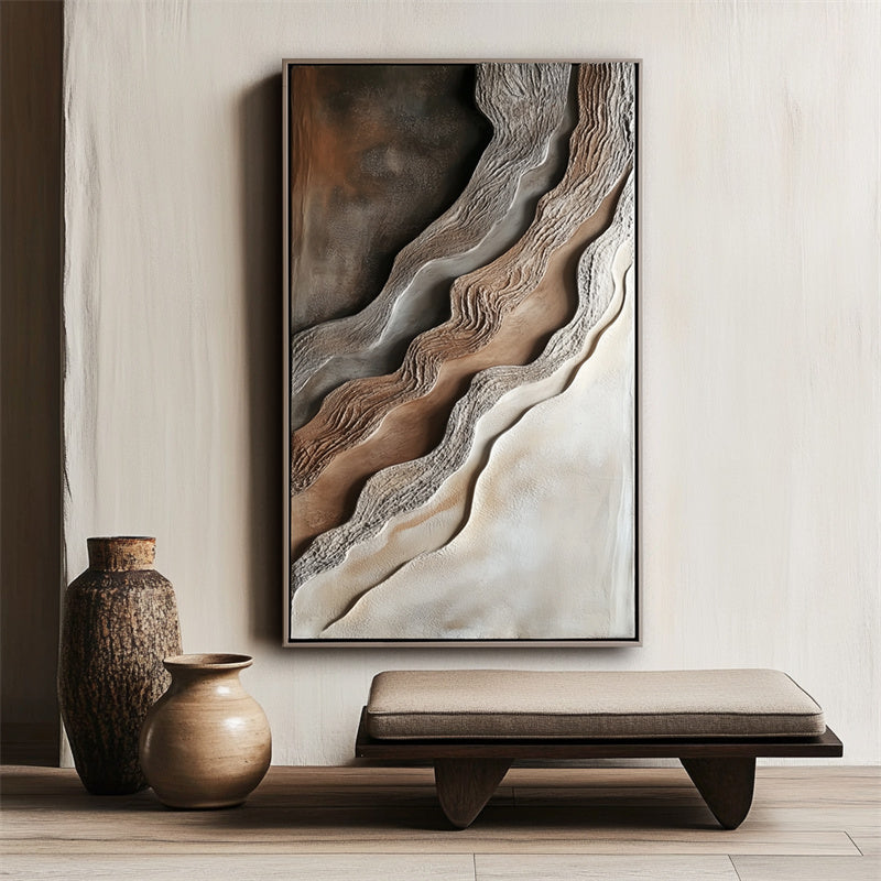 Layered Earth: Impasto Earth-Toned Abstract Wall Art - Brown Grey White Textured Curves, Stylish Accent for Contemporary Homes
