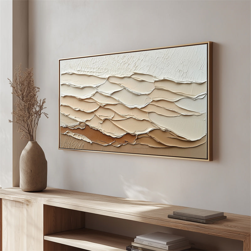 Layered Earth Tones Artwork: Impasto Textured Wave Abstract Wall Art - Brown Beige Hues, Stylish Accent for Contemporary Homes