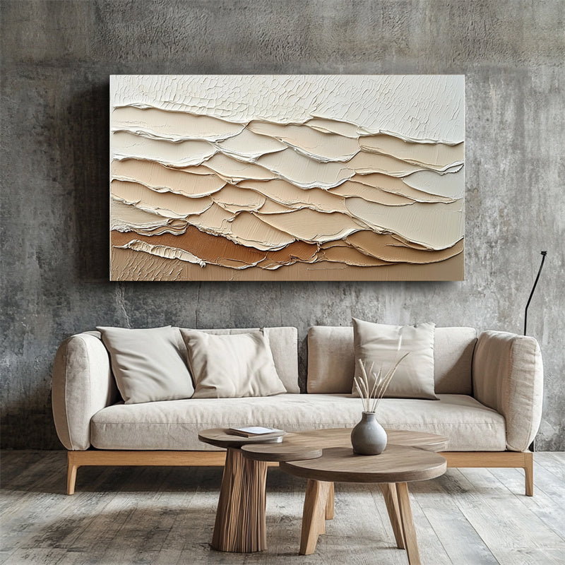 Layered Earth Tones Artwork: Impasto Textured Wave Abstract Wall Art - Brown Beige Hues, Stylish Accent for Contemporary Homes