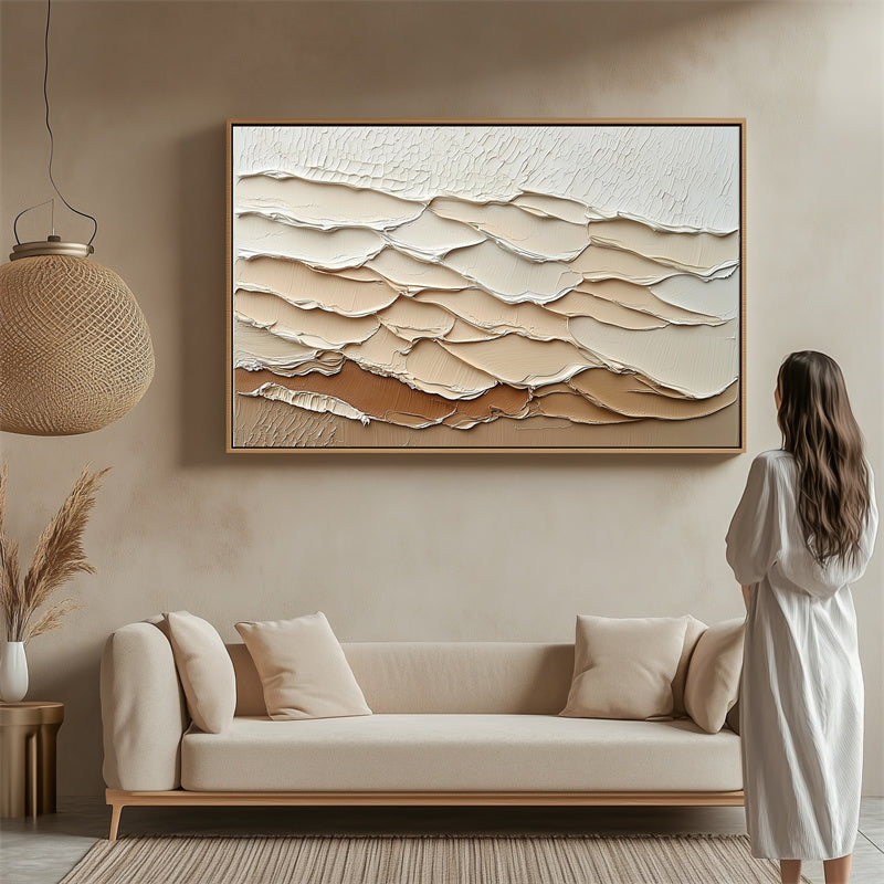 Layered Earth Tones Artwork: Impasto Textured Wave Abstract Wall Art - Brown Beige Hues, Stylish Accent for Contemporary Homes