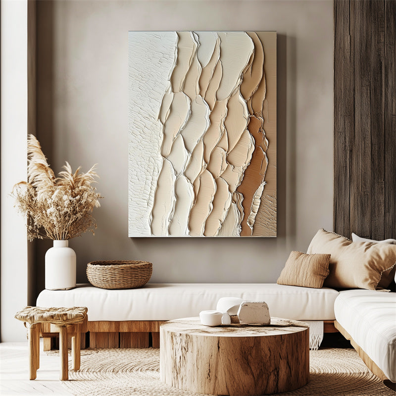 Layered Earth Tones Artwork: Impasto Textured Wave Abstract Wall Art - Brown Beige Hues, Stylish Accent for Contemporary Homes