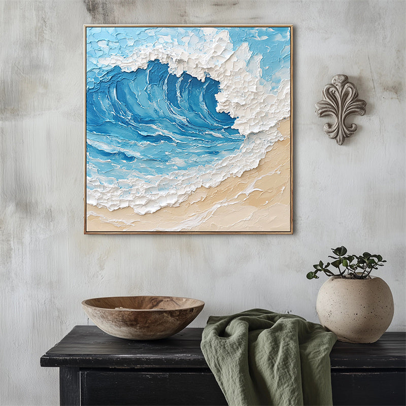 Majestic Ocean Wave:Impasto Style Ocean Wave Canvas Art - Textured Beach Scene Wall Decor, Modern Coastal Home Interiors Artwork