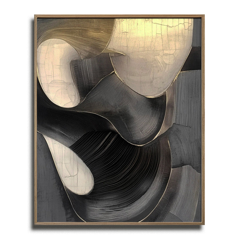 Textured Black White & Gold Abstract Art - Curved Lines, Luxe Wall Decor for Modern Interiors