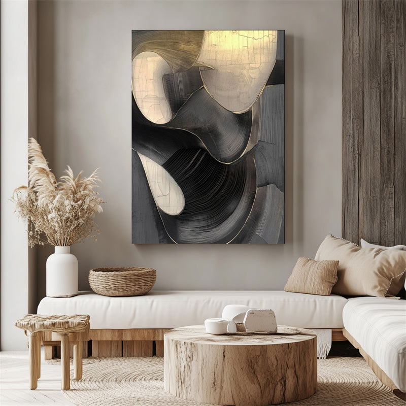 Ethereal Flow: Modern Textured Black White & Gold Abstract Art - Elegant Curved Lines Decor