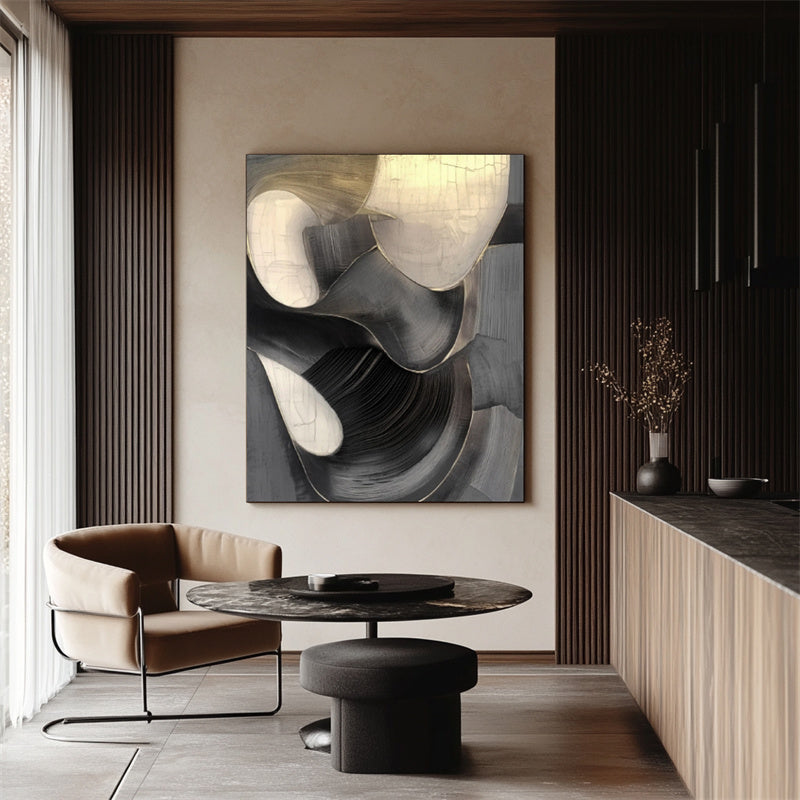 Ethereal Flow: Modern Textured Black White & Gold Abstract Art - Elegant Curved Lines Decor