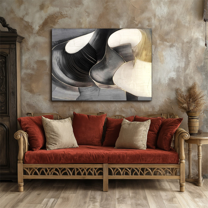Ethereal Flow: Modern Textured Black White & Gold Abstract Art - Elegant Curved Lines Decor