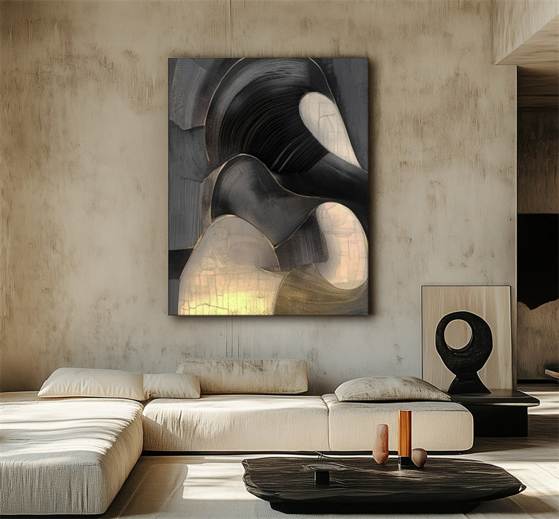 Ethereal Flow: Modern Textured Black White & Gold Abstract Art - Elegant Curved Lines Decor