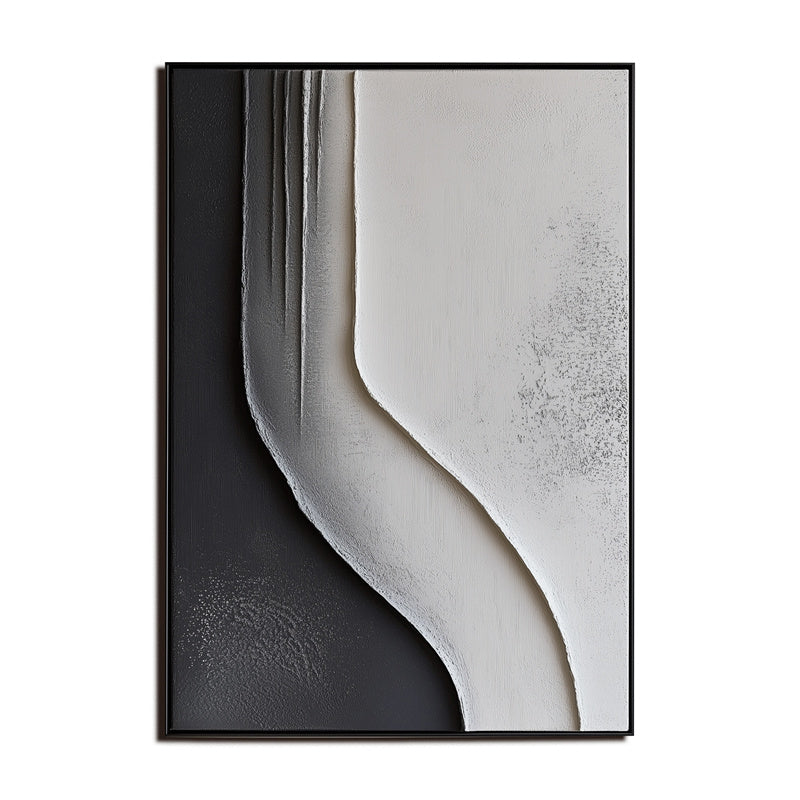 Monochrome Flow Texture Art-Framed 3D Textured Black White Abstract Wall Art - Minimalist Curved Line Decor