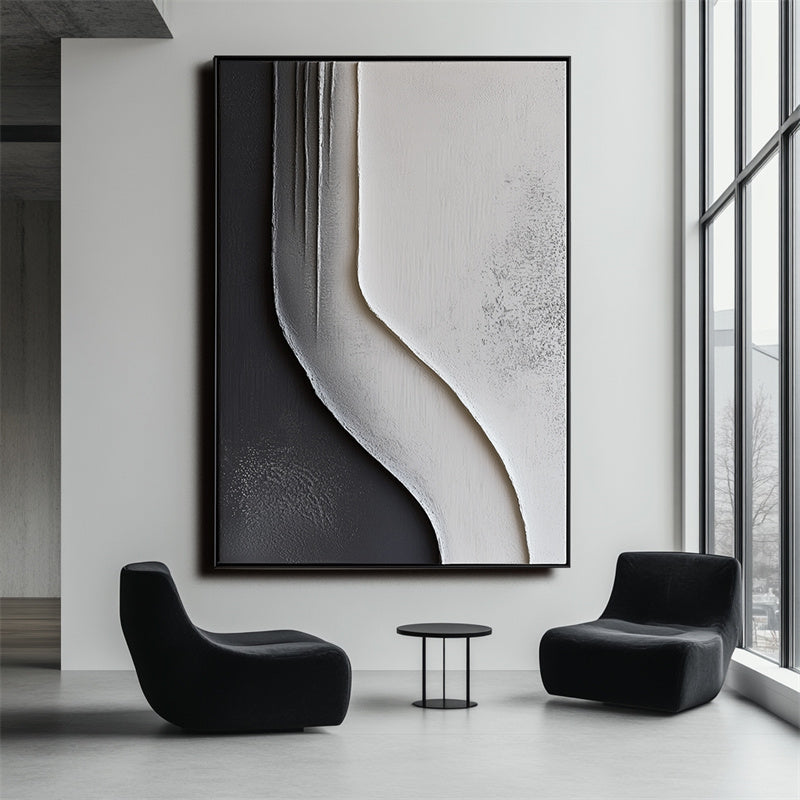 Monochrome Flow Texture Art-Framed 3D Textured Black White Abstract Wall Art - Minimalist Curved Line Decor