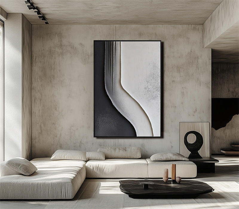 Monochrome Flow Texture Art-Framed 3D Textured Black White Abstract Wall Art - Minimalist Curved Line Decor