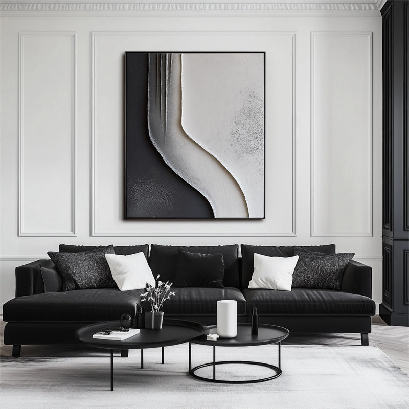 Monochrome Flow Texture Art-Framed 3D Textured Black White Abstract Wall Art - Minimalist Curved Line Decor