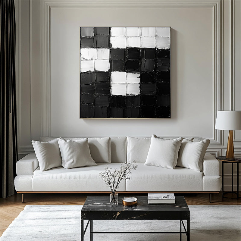 Monochrome Harmony: Textured Black & White Geometric Abstract Art - Minimalist Wall Decor, Edgy Accent for Modern Interiors