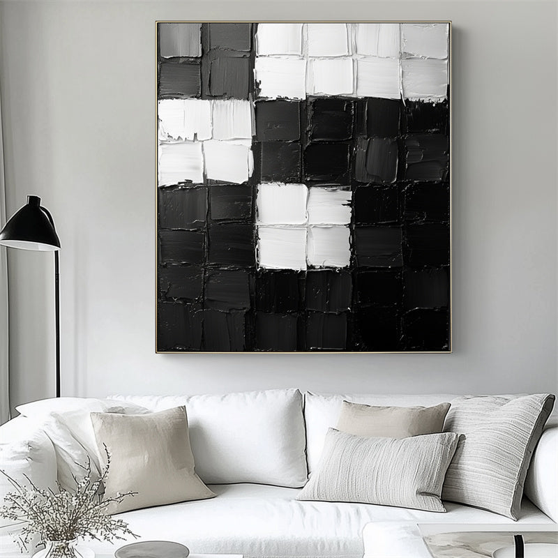 Monochrome Harmony: Textured Black & White Geometric Abstract Art - Minimalist Wall Decor, Edgy Accent for Modern Interiors
